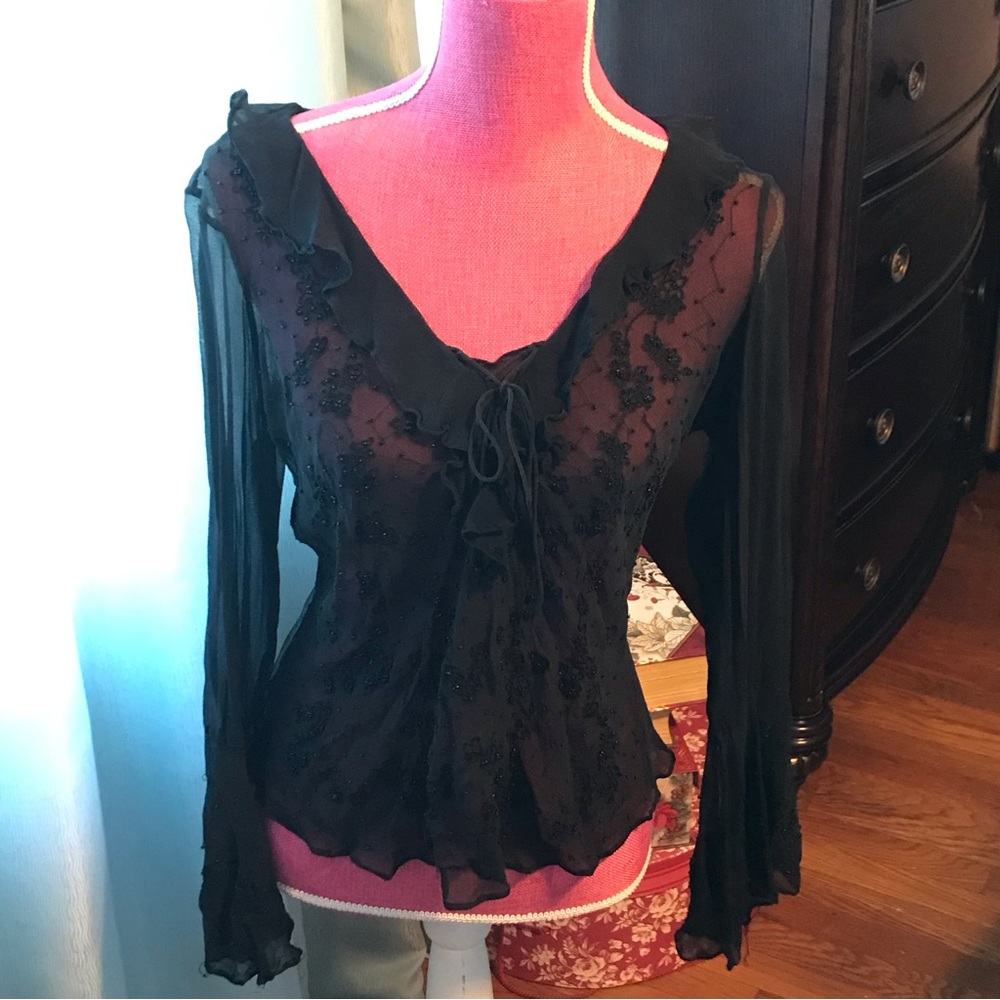 Vintage Ice black sheer 100% silk ruffled vneck long sleeve top bead embellished